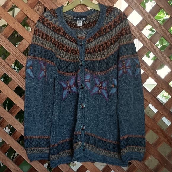 Makiwan Hand Made in Peru Alpaca Patterned Cardigan Sweater Size Large